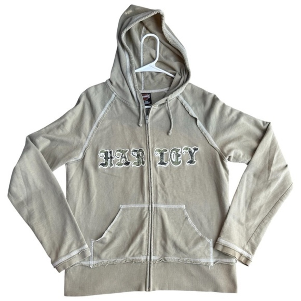 Vintage Y2K Size L Harley Davidson Zip Hoodie Khaki Green Camo Streetwear Grunge